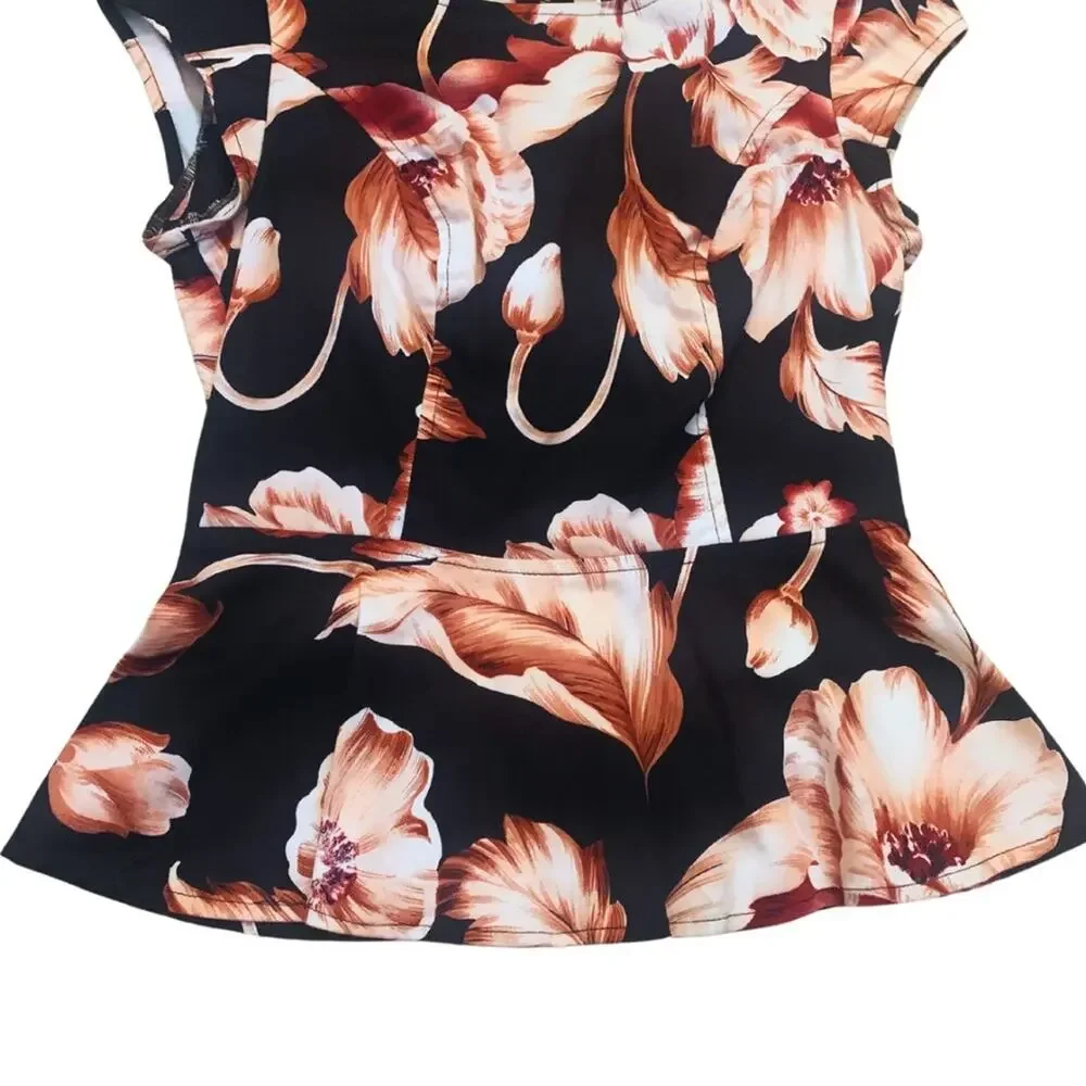 Bebe Peplum Top Dark Floral Cutout Black Pink Feminine Romantic Coquette Retro - Picture 2 of 11